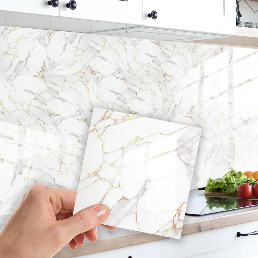 Marble Tile Stickers Glossy Waterproof Oil Proof Removeable Stick on Wall Backsplash DIY PVC for Bathroom Kitchen Home Decor Modern White 24 pcs