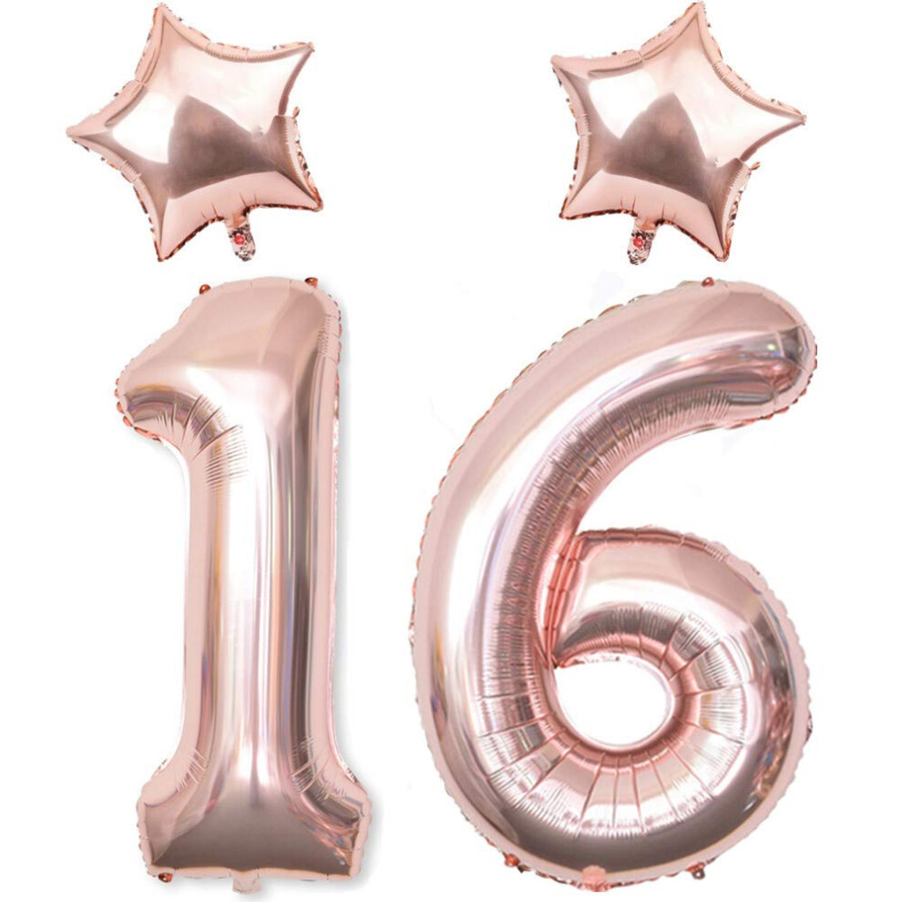 40In Giant Digital Number 16 Balloon Rose Gold - 16th Birthday Balloons 16th Birthday Decorations for Girls Including 2 Pack 18In Star Balloons Rose