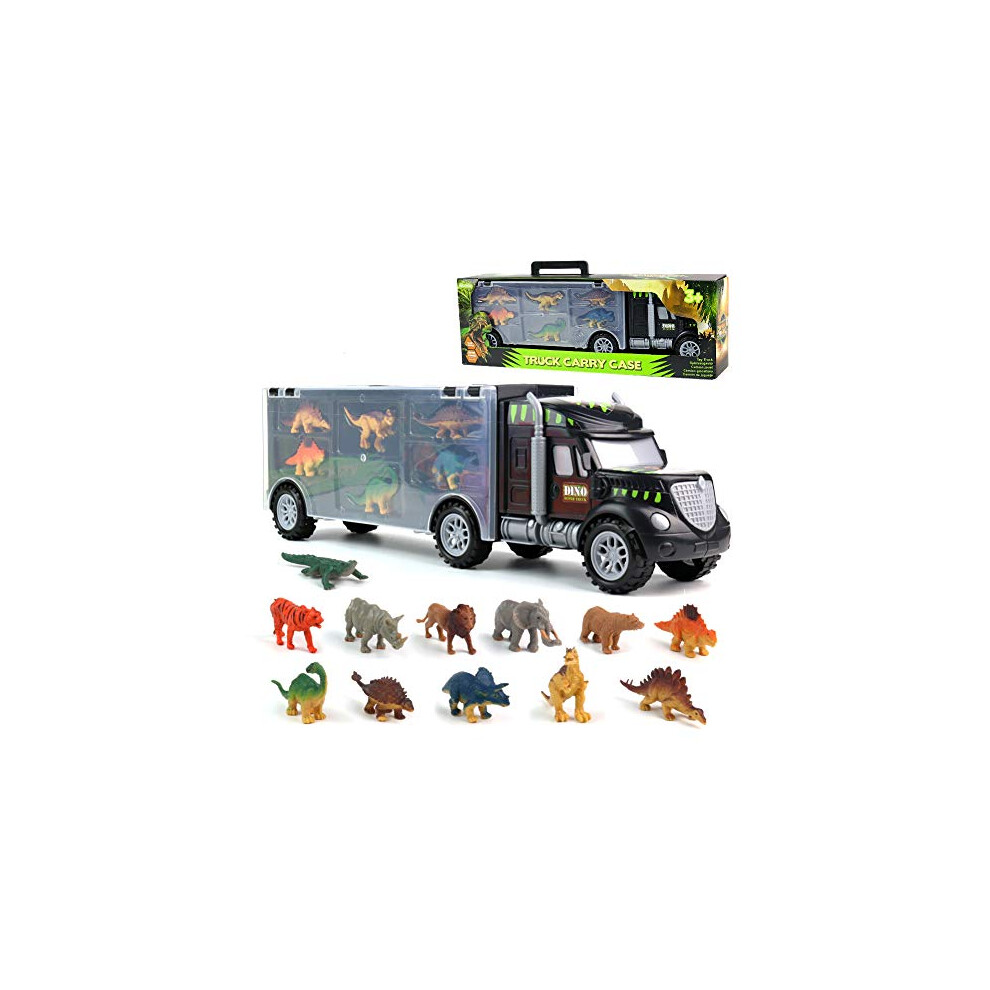 Dinosaur Toys for Boys Girls - Kids Toys Transport Carrier Truck with Dinosaur Toys Animals Toys 12 Pcs Double Side Storage Set Birthday Easter Gifts