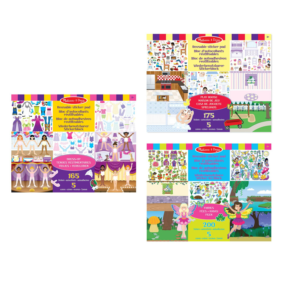 Melissa & Doug 3 Reusable Sticker Books - Dress-Up, Fairies And Play House | Reusable Sticker Books For Toddlers | Arts And Crafts For Kids | Reusable Stickers | 3