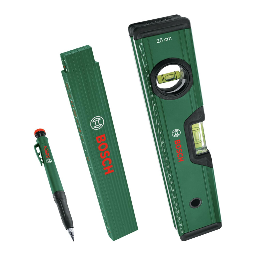 Marking Set (Precise Alignment and Marking with Spirit Level 25cm, Folding Ruler 2m and Deep Hole Marker Pencil)