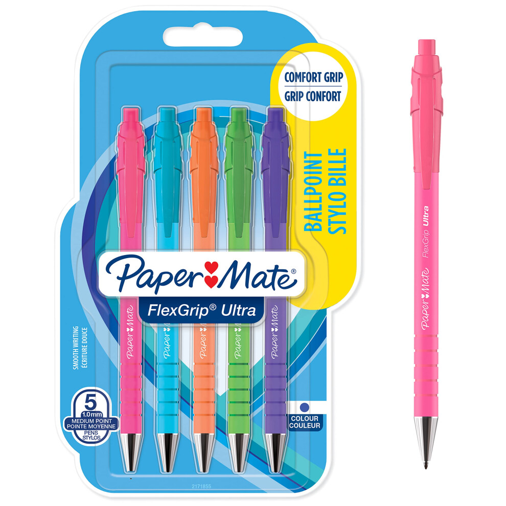 Flexgrip Ultra Pastel Ballpoint Pens | Medium Point (1.0mm) | Blue Ink | Pastel Barrels | 5 Count