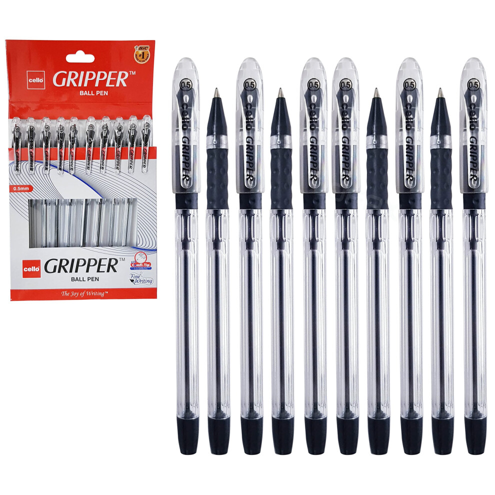 BLACK Ballpoint Pens, Gripper, BLACK, 0.5mm Fine Point, Pack of 10, Elasto Grip Smooth Writing