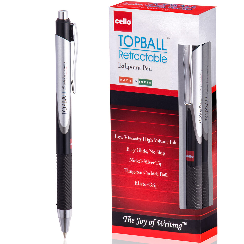 Topball Grip Black Retractable Ballpoint Pens | Medium Point (1.0 mm) | Black Pens | Pack of 12 Biro, Ball Point Pens; Ideal for School, Work, Home