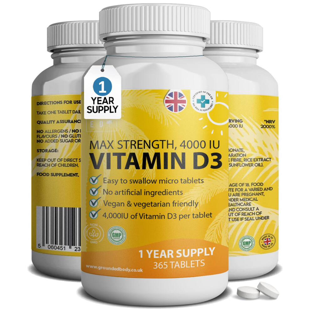 G R O U N D E D Coffee Scrub Vitamin D3 4000 Iu Micro Tablets - 365 Day Supply, Easy To Swallow High Strength Premium Sunshine Vitamin | Max Strength Vitamin D Supplement,