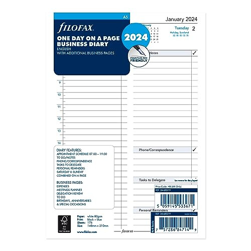 A5 Business Day Per Page English Appointments Diary - 2024, White