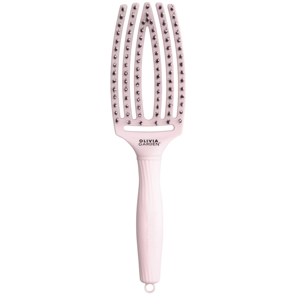 Olivia Garden Pink Fingerbrush Care Iconic - Medium - Pastel - Detangling Hairbrush With Boar & Nylon Bristles For Ultimate Shine & Smooth Styling
