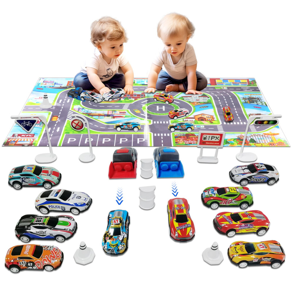 Matchbox Cars, 21Pcs Small Toys with Launcher/Roadblock/Kids Play Mat/Storage Bag, Metal Shell, Pullback Diecast Model, Christmas Birthday Party Gifts