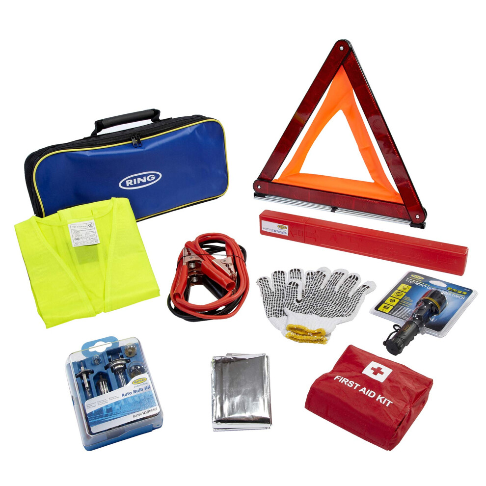 RCT2 9 Piece Emergency Car Kit, with Universal Spare Bulb Kit, Booster Cables, Warning Triangle, High Vis Vest, First Aid Kit, Non-Slip Gloves, LED