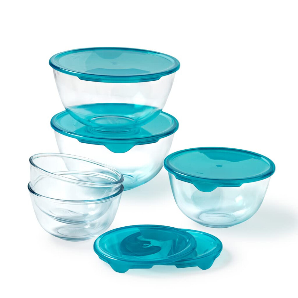 Pyrex Set of 5 Heavy Duty Glass Salad Bowls with Lids (0.5L - 1L - 2L) BPA Free | Made in France, Dishwasher, Microwave and Oven Safe (2 x 0,5L + 1