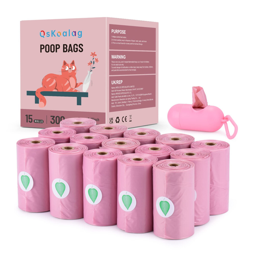 Biodegradable Pink Dog Poo Bags Lavender scent with Dispenser - 300 Large Poop Bags, Extra Thicken Strong Corn Starch Blended Compostable Leak Proof