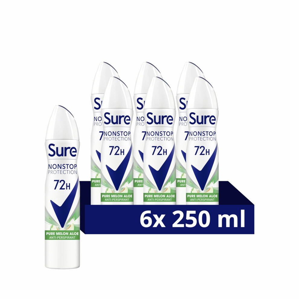 Sure Pure Melon Aloe Vera Antiperspirant Deodorant With Body Heat Activated Technology Aerosol Spray For 72-Hour Sweat And Odour Protection 6X 250 Ml
