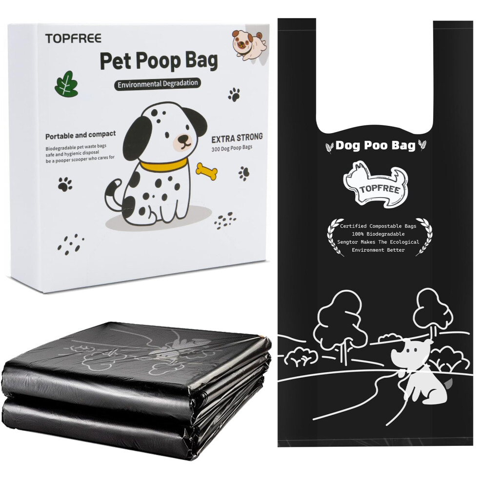 Topfree Poo Bags For Dog Waste,300 Dog Poo Bags, Environmentally Friendly, Extra Thick, Super Strong, 100% Biodegradable Dog Bags, Easy-Tie Handles,