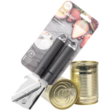 Stainless Steel Manual Can Opener - Easy to Use Turn Mechanism. Handheld Tool, Comfortable Grip, with Bottle Lid Opener and Hole for Kitchen Storage.