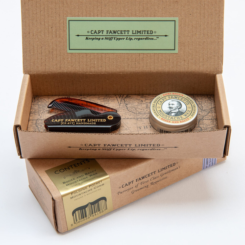 Captain Fawcett Moustache Wax (Booze & Baccy) & Folding Pocket Moustache Comb (Cf.87t)