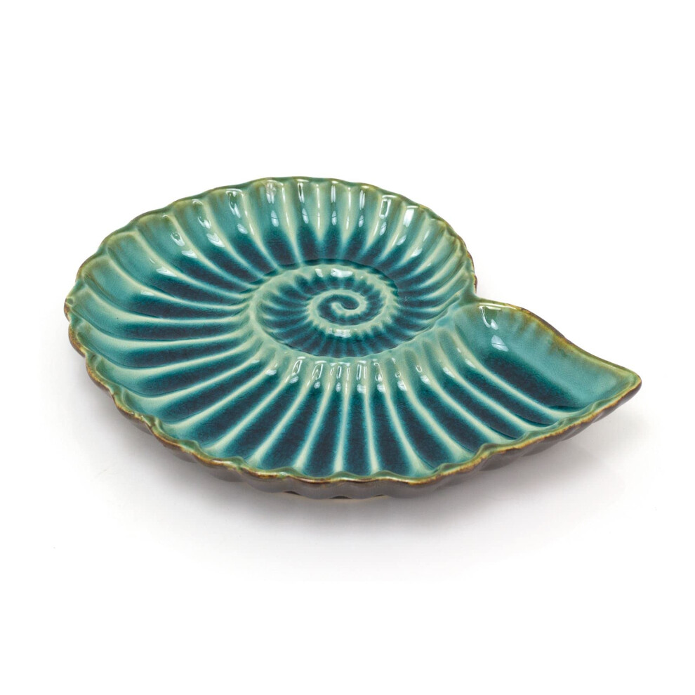 Ceramic Blue Teal Ammonite Fossil Plate | Trinket Tray Jewellery Dish Display Plate | Nautical Decorative Storage Plate Ornament