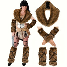 (5Pcs Brown Set) 5-Pcs Viking Deluxe Faux Fur Accessories Set - Luxurious Collar, Leg & Hand Warmers