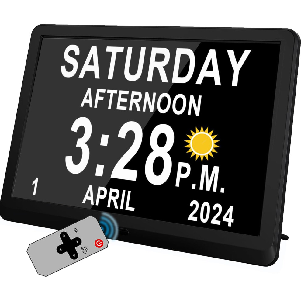 (10 inch, Black) 10" Inch Large Digital Clock with Auto DST and Sun Moon Icons, Custom Reminders and Calendar Clock, Day Date Clock for Seniors Dementia Alzheimers