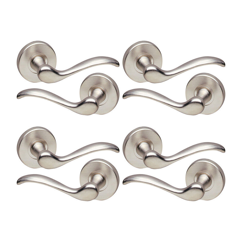 (Satin Nickel Rose Set of 4) 6/4 Pcs Geneva Metal Door Lever Handles Set, Fire, Stain & Scratch Resistant Tough for All Interior Exterior Doors with Easy Install Tools Multipack