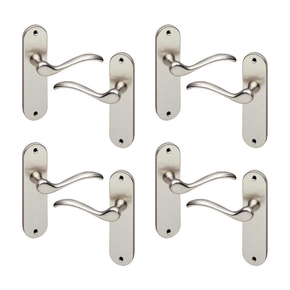 (Satin Nickel Plain Set of 4) 6/4 Pcs Geneva Metal Door Lever Handles Set, Fire, Stain & Scratch Resistant Tough for All Interior Exterior Doors with