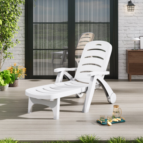 Poolside Deck Folding Sun Lounger Plastic Beach Recliner with Wheels 1