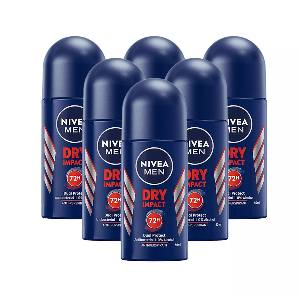 6 x 50ml Nivea Men Dry Impact Anti-Perspirant Deodorant Roll On 72h