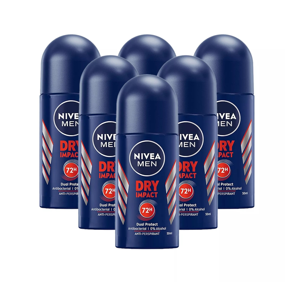 Nivea Men's 6 X 50Ml Dry Impact Anti-Perspirant Deodorant Roll On 72H