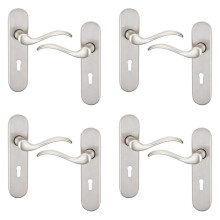 (Satin Nickel Keyhole Set of 4) 6/4 Pcs Geneva Scroll Metal Door Lever Handles Set, Fire, Stain & Scratch Resistant for All Interior Exterior Doors with Easy Install Tools Multipack