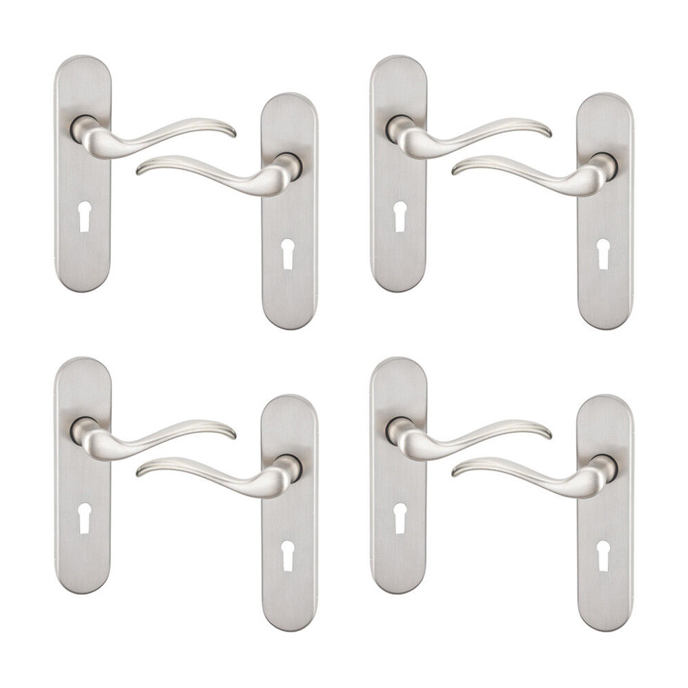 (Satin Nickel Keyhole Set of 4) 6/4 Pcs Geneva Scroll Metal Door Lever Handles Set, Fire, Stain & Scratch Resistant for All Interior Exterior Doors with Easy Install Tools Multipack