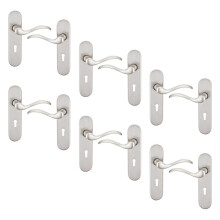 (Satin Nickel Keyhole Set of 6) 6/4 Pcs Geneva Scroll Metal Door Lever Handles Set, Fire, Stain & Scratch Resistant for All Interior Exterior Doors with Easy Install Tools Multipack