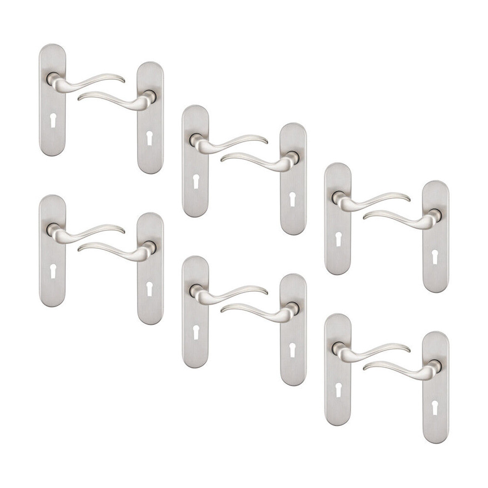 (Satin Nickel Keyhole Set of 6) 6/4 Pcs Geneva Scroll Metal Door Lever Handles Set, Fire, Stain & Scratch Resistant for All Interior Exterior Doors with Easy Install Tools Multipack