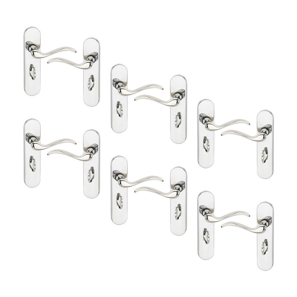 (Polished Nickel Bathroom set of 6) 6/4 Pcs Geneva Scroll Metal Door Lever Handles Set, Fire, Stain & Scratch Resistant for All Interior Exterior Door