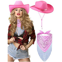 (Pink) 2pcs Cowgirl Hat Disco Fringed Bandana Women Western Cowboy Hats Role Play Knight Cap Cosplay Party Costume Vintage Panama Jazz