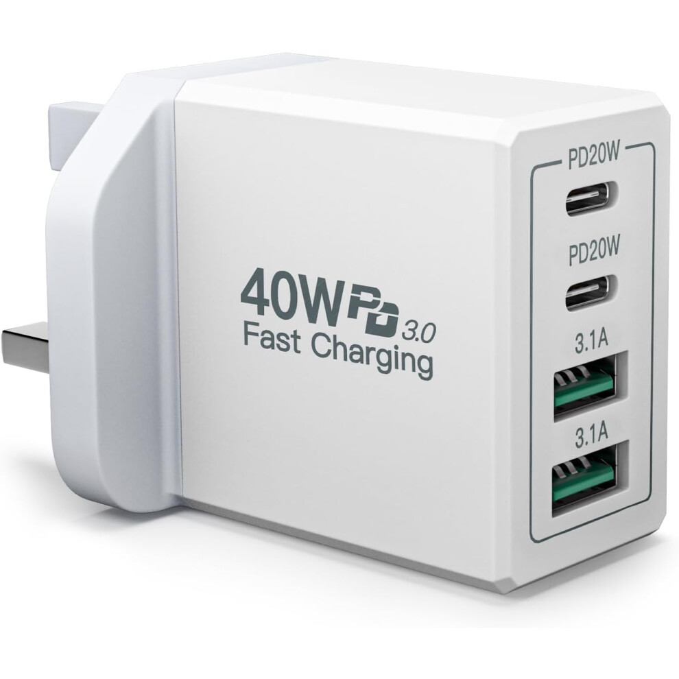 USB C Plug, 40W 4-Port Fast USB C Charger PD Power Adapter + QC USB A