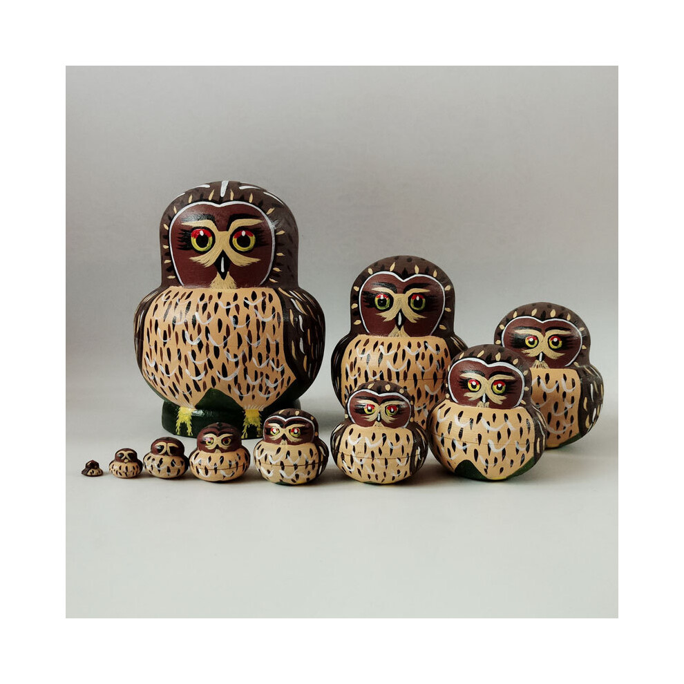 Stoyotu (Owl B) 10Pcs/Set Cute Cartoon Russian Nesting Dolls Wooden Handmade Toy