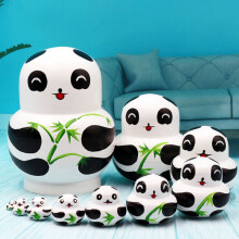(Panda) 10Pcs/Set Cute Cartoon Russian Nesting Dolls Wooden Handmade Toy