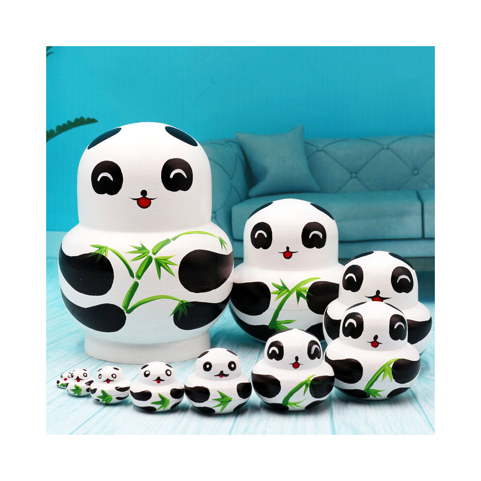 (Panda) 10Pcs/Set Cute Cartoon Russian Nesting Dolls Wooden Handmade Toy