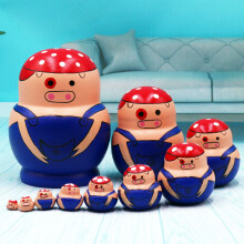 (Pig) 10Pcs/Set Cute Cartoon Russian Nesting Dolls Wooden Handmade Toy