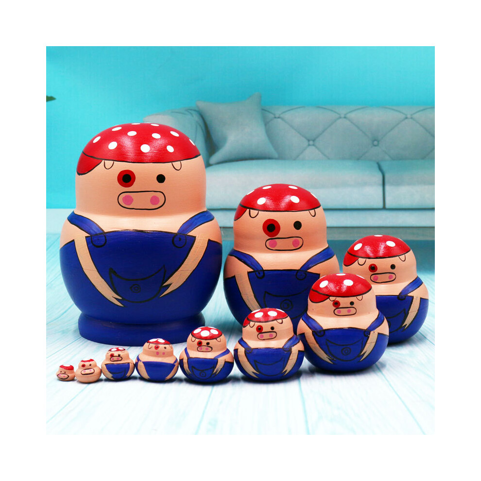 (Pig) 10Pcs/Set Cute Cartoon Russian Nesting Dolls Wooden Handmade Toy