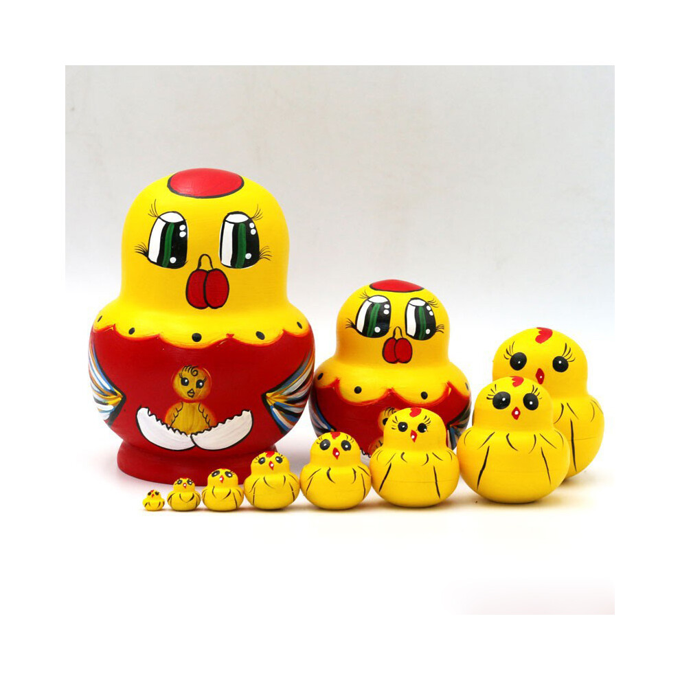 (chick) 10Pcs/Set Cute Cartoon Russian Nesting Dolls Wooden Handmade Toy