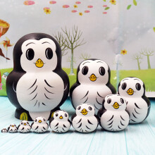 (Penguin) 10Pcs/Set Cute Cartoon Russian Nesting Dolls Wooden Handmade Toy