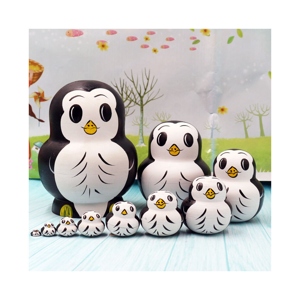 (Penguin) 10Pcs/Set Cute Cartoon Russian Nesting Dolls Wooden Handmade Toy