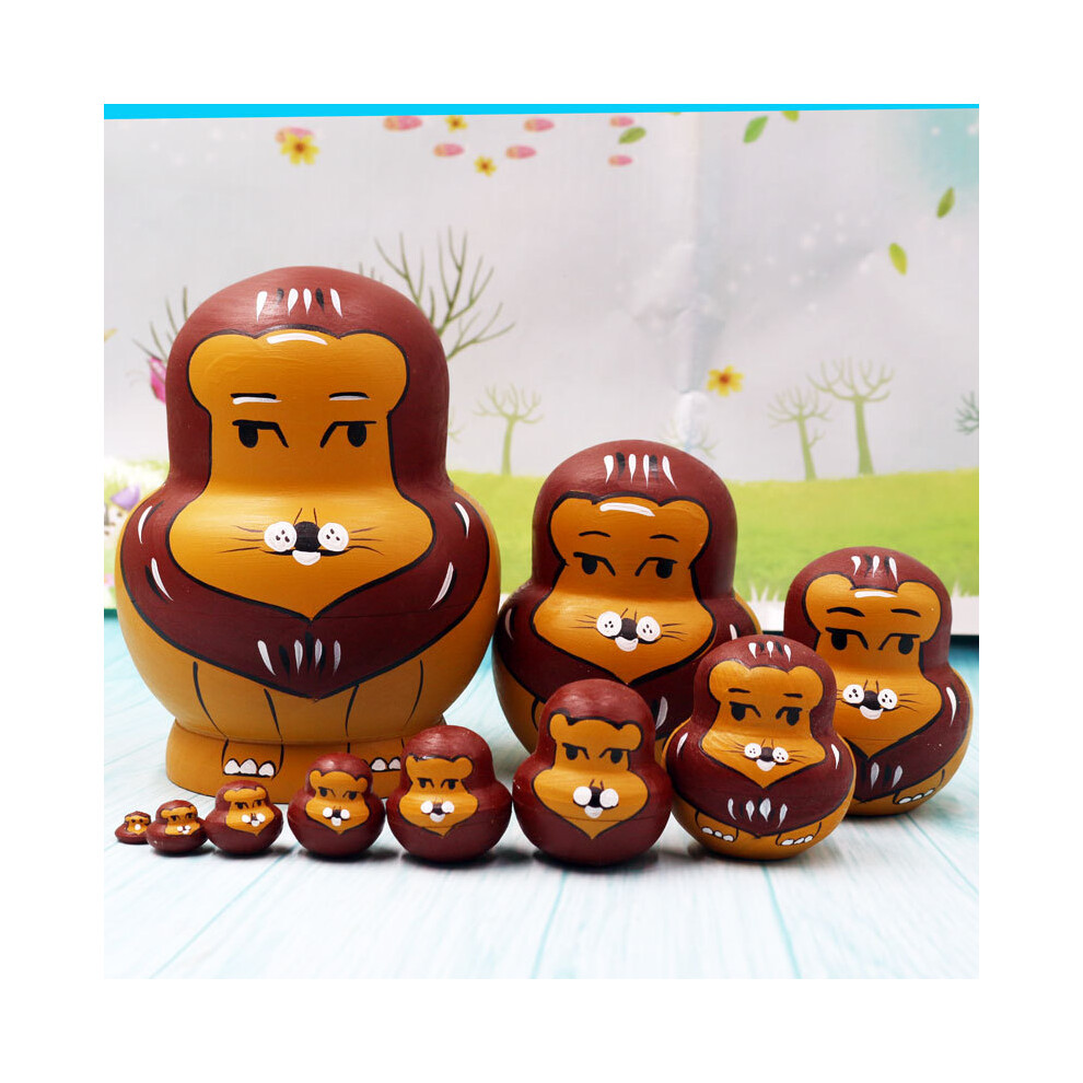 (Lion) 10Pcs/Set Cute Cartoon Russian Nesting Dolls Wooden Handmade Toy