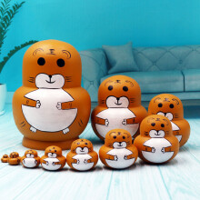 (Tiger) 10Pcs/Set Cute Cartoon Russian Nesting Dolls Wooden Handmade Toy