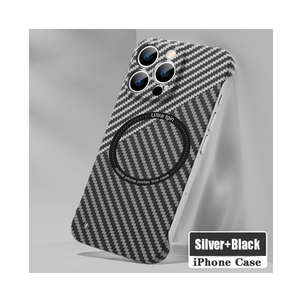 Photos - Case Ultra Thin Carbon Fiber Magnetic Phone for iPhone 15 14 13 12 11 Magsafe(SilverBlack, 15Plus)