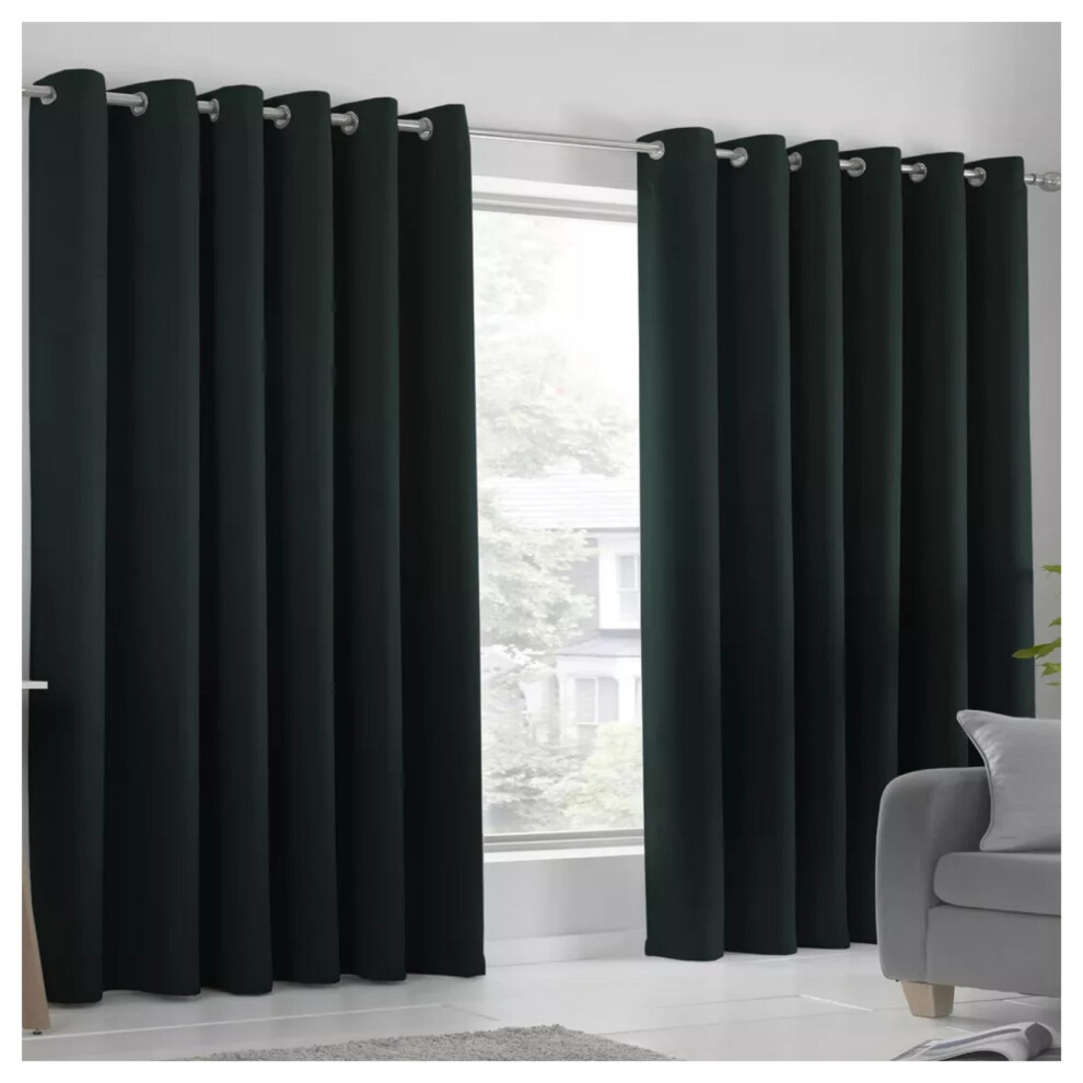 (BLACK, 66 x 90) Blackout Curtain Pair Eyelet Ring Top Ready Made