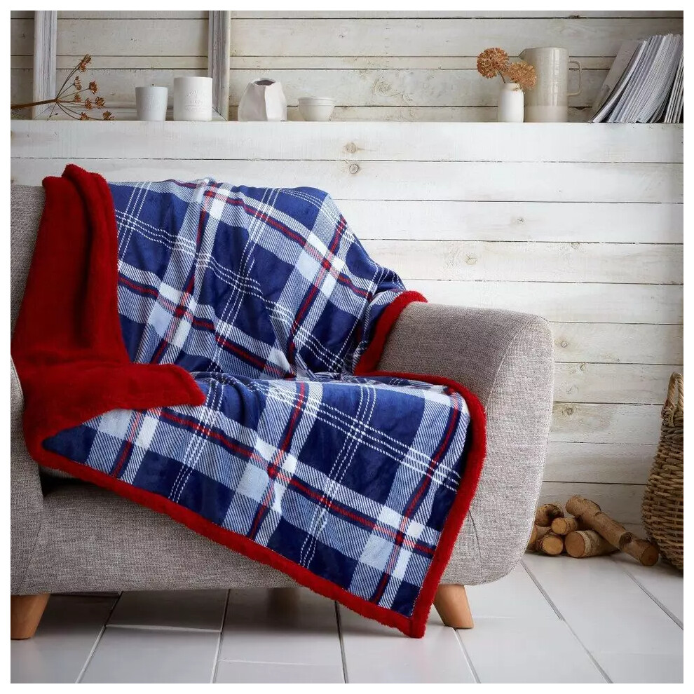 (Lincoln Check Navy / Red, Throw 200x240cm) TEDDY FLEECE CHECK THROW Cuddly Warm Over Bed Sofa Couch Blanket Large Bedspread