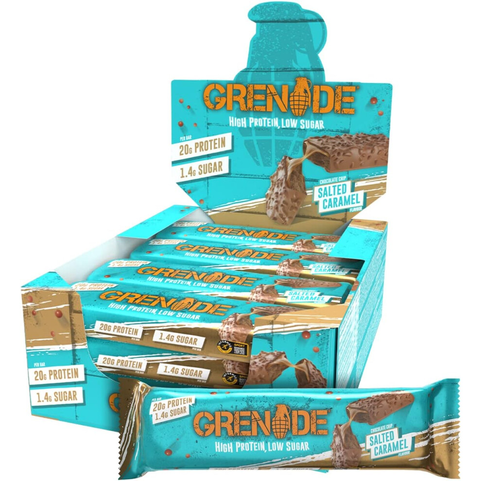 Grenade High Protein, Low Sugar Bar - Chocolate Chip Salted Caramel, 12 X 60 G