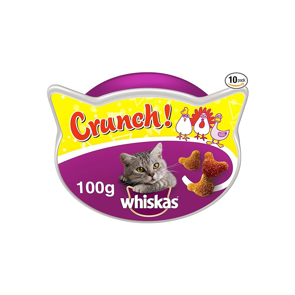 Whiskas Crunch 10 Packets, Cat Treats for Adult Cats with a Mix of Delicious Chicken, Turkey and Duck, Pack of 10 (10 x 100 g)