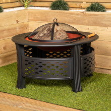 80x58cm Black Steel Round Fire Pit - 3-in-1 Log Burner, BBQ & Ice Bucket with Cover for Outdoor Patio